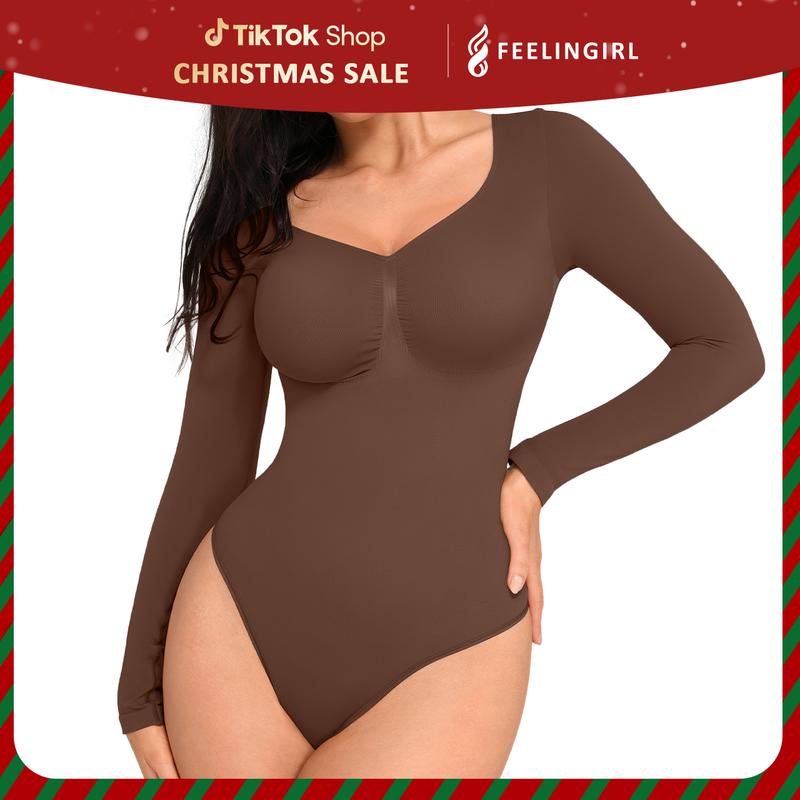 FeelinGirl Womenswear Seamless Sculpt Long Sleeve Thong Bodysuit
